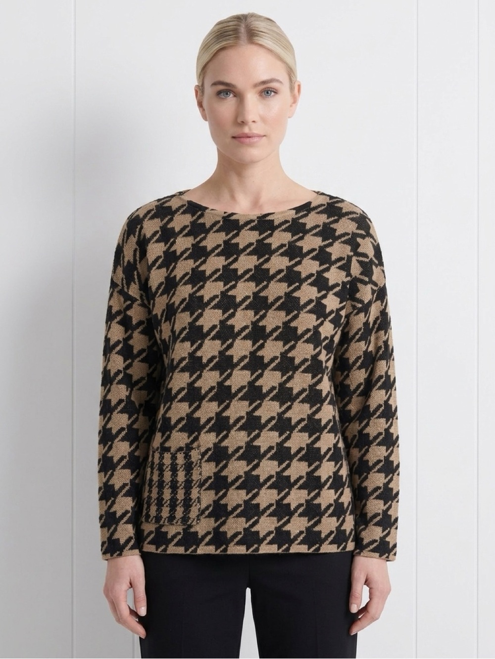J Jill Brown Sweater Pullover Size M With Front Pocket 100% Cotton Houndstooth